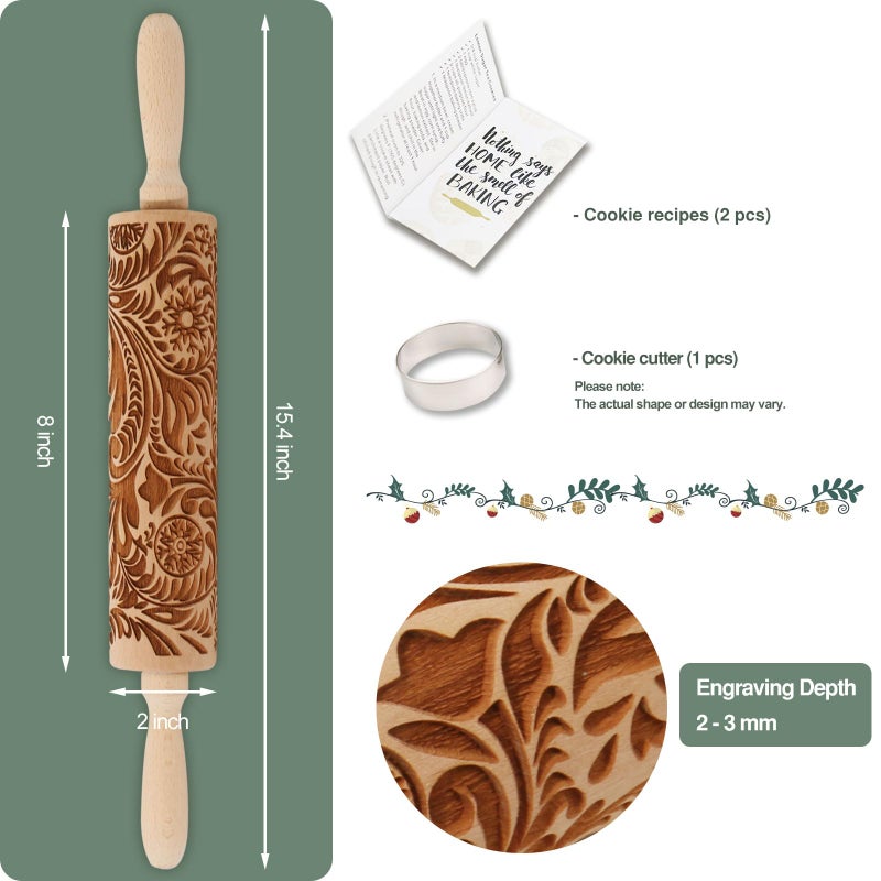 Big Role Embossed Rolling Pin for Baking Cookies Christmas Embossing Rolling Pins with Design Wooden Engraved Springerle Roller Pin Dough Patterned Clay Pottery Ceramic Bakers Women (Flower Snowflake Paisley) - Image 4